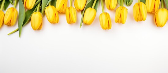 Aufkleber - Spring flowers Yellow tulips on white background top view space for text border. copy space available