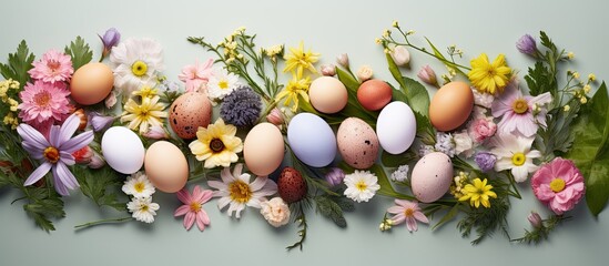 Wall Mural - Creative Easter egg composition with spring flowers eggs and green leaves Contenmporary style Flat lay Top view. copy space available