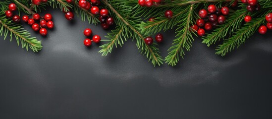 Aufkleber - Christmas frame made of fir branches red berries Christmas wallpaper Flat lay top view copy space