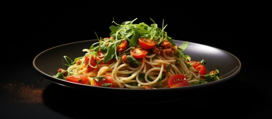 Poster - chilli tomatoes arugula spaghetti and parsley on a black background. copy space available