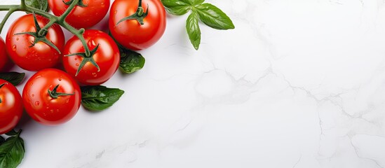 Poster - tomatoes fresh yellow red healthy food tasty with green leaves on white cement background. copy space available