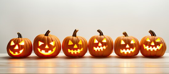 Aufkleber - Glowing Halloween pumpkin heads jack o lantern on white wooden background with copy space for text