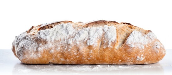 Poster - loaf of freshly baked bread floured on white background. copy space available