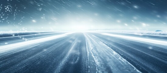 Poster - Car tyre tracks on icy road in winter medium shot. copy space available