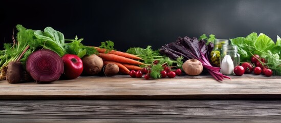 Aufkleber - Fresh beet juice and raw vegetable on grey wooden table Space for text. copy space available