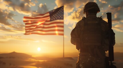 Poster - Silhouette of a soldier with the American flag on the sunset background