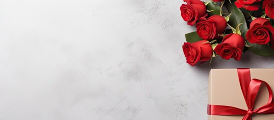 Poster - Red roses flower and present box on light background Top view with copy space