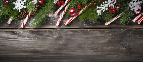 Poster - Seasonal Christmas flat lay with white lace doily candy canes and fir branches with snow on wooden copy space background