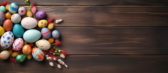 Poster - Easter greeting card with colorful eggs Top view on wooden table with space for your greetings. copy space available