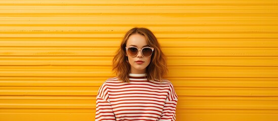 Teenage girl in striped sweatshirt on yellow background. copy space available