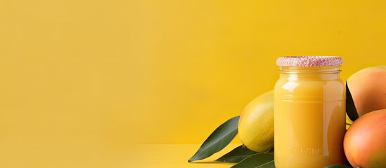 Aufkleber - Fresh mango juice in the jar on the yellow background Tropical fruit concept Copy space