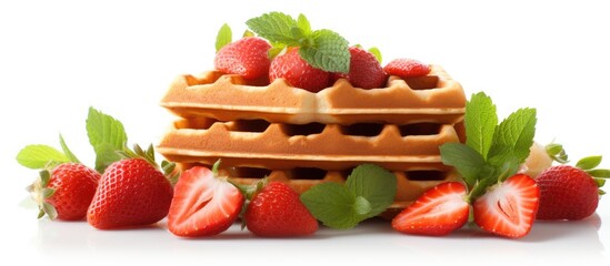 Poster - Waffles with strawberries and mint on a white background copy space