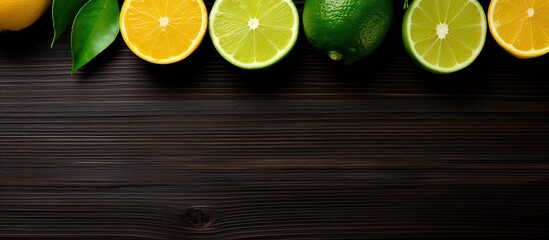Aufkleber - Lime lemon Wooden on black background Free space for text Top view. copy space available