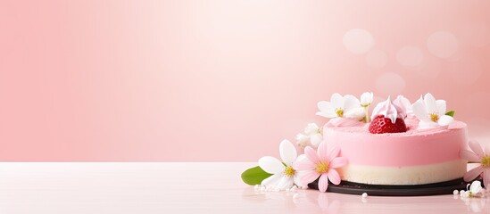 Poster - Cute bento cake with tasty cream on pink background space for text. copy space available