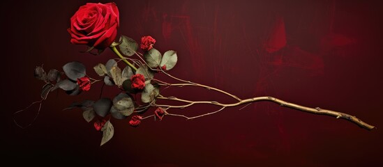 Poster - A red heart placed next to a red rose placed on a stick for Valentine s Day. copy space available