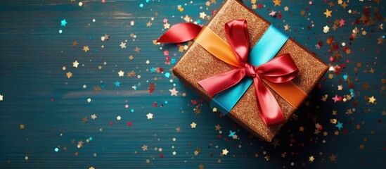Poster - wrapped christmas or other holiday handmade present in paper with colored ribbon Present box decoration of gift on colourfull table top view with copy space