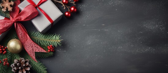 Poster - Christmas presents with red ribbon on gray background in a frame made of fir branches with star Flat lay top view Christmas background. copy space available