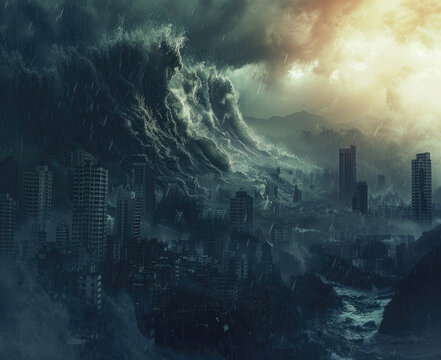 Digital artwork of a massive tsunami engulfing a city during an apocalyptic earthquake scenario. Dramatic natural disaster illustration