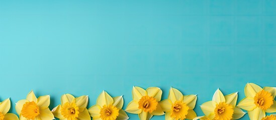 Poster - A stunning array of vibrant yellow daffodils in full bloom set against a vibrant turquoise backdrop The flowers are captured up close allowing for a clear view of their beauty The image provides copy
