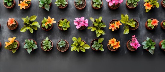 Poster - Beautiful flower pots and leaves arranged on a copy space cement background seen from a top view