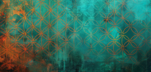 Vibrant iridescent turquoise and rust Flower of Life gradient.