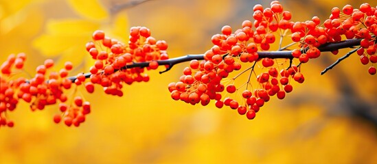 Poster - Red Rowanberries and yellow leaves in autumn. copy space available