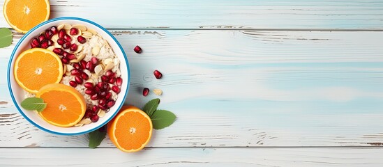 Aufkleber - Oatmeal with fresh tangerine slices and pomegranate seeds ground almonds and mint in a blue bowl on white wood background Copy space Top view