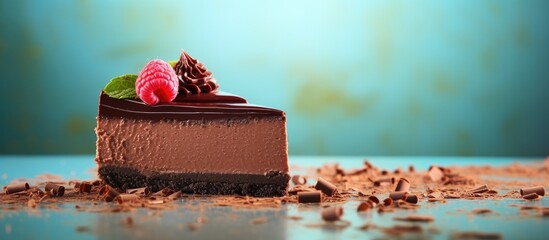 Poster - Tasty chocolate cheesecake on color background. copy space available