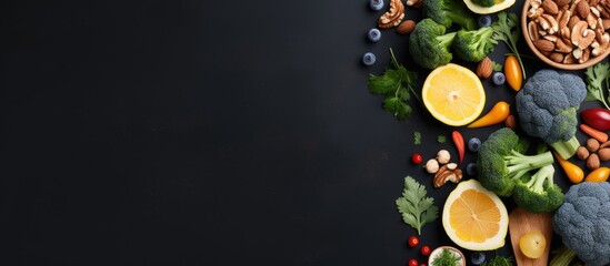 Poster - Best products for brains on dark gray background Clean eating concept Top view flat lay copy space