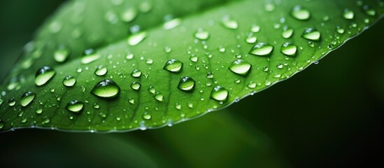 Poster - Close up of green leaf with rain. copy space available