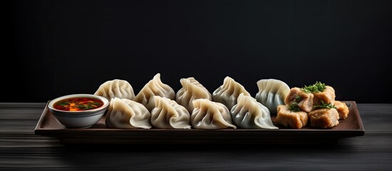 Poster - A variety of dumplings representing the traditional Asian cuisine displayed on a gray background with ample copy space for text or images