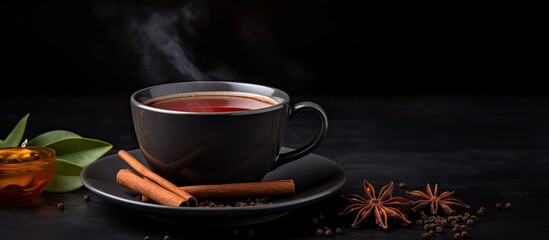 Poster - Anise and cinnamon sticks with a cup of tea on a dark background. copy space available