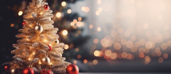 Poster - Decorated Christmas tree on blurred background Christmas holidays. copy space available