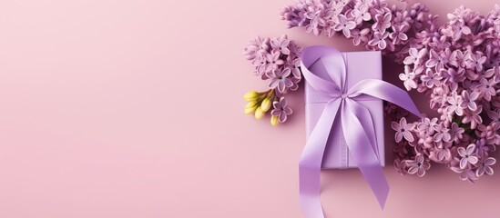 Poster - Happy mothers day concept Lilac flowers gift box and heart ribbon on pink paper Stylish floral greeting card with copy space Purple lilac flowers bouquet with craft present box