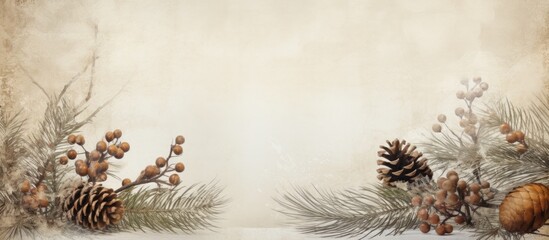 Poster - Christmas branches cones decorations on parchment paper Holiday Christmas background Copy space for text or design