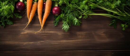 Poster - Raw natural food background Vegetables carrot top view on old wooden desk background Photograph taken from above with dirt soil vintage planks Vintage gardening concept with copy space