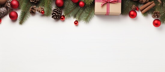 Aufkleber - Christmas background with gifts fir branches cones and red baubles New Year frame with a copy space Top view flat lay