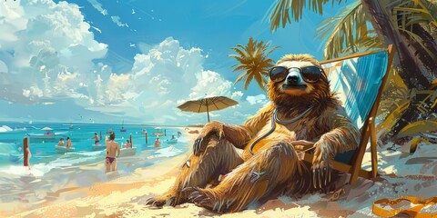 sloth is on summer vacation at seaside resort and relaxing on summer beach art illustration