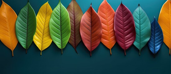 Sticker - Closeup leaves in different color age of jackfruit tree leaves Line of colorful dry leaves in autumn season environment changed concept Top view flatlay Changing environment background banner