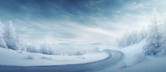Aufkleber - Winding road in the frosty winter forest Cold winter nature landscape. copy space available