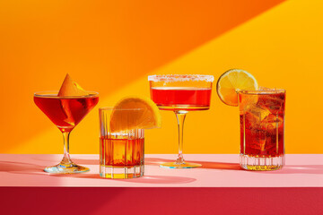 A row of summer tropical holiday cocktails on a bright background with hard directional sun shadow