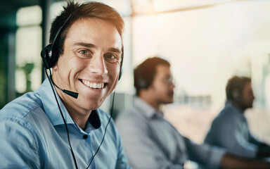 Poster - Customer service, smile and portrait of man with headset, coworking space and consulting at help desk. Phone call, conversation and happy advice at callcenter for telemarketing, sales and support.