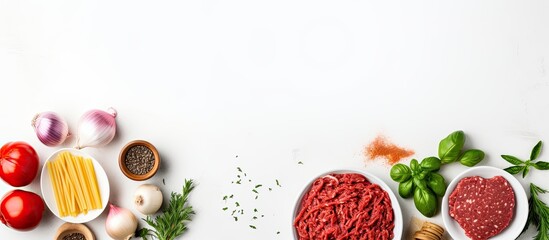 Poster - Ingredients for making spaghetti bolognese minced meat italian pasta onions and tomato sauce over white texture background Top view flat lay Copy space
