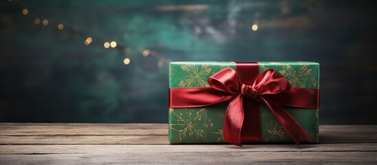 Poster - Packed red and green present box on vintage wooden board. copy space available