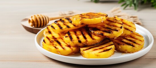 Poster - Plate with grilled pineapple slices and honey on light wooden background. copy space available