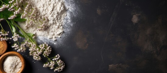 Poster - fresh natural buckwheat flour on a dark stone background culinary concept. copy space available