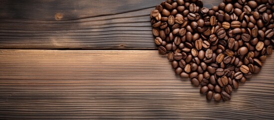 Poster - Coffee beans placed in shape of heart on old wooden background. copy space available