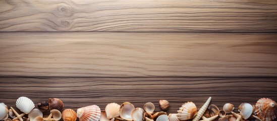 Poster - little shells on a wooden background seashells. copy space available