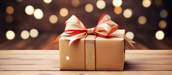 Poster - Holiday gift box wrapped in craft paper with colored bow on table background Top view flat lay copy space