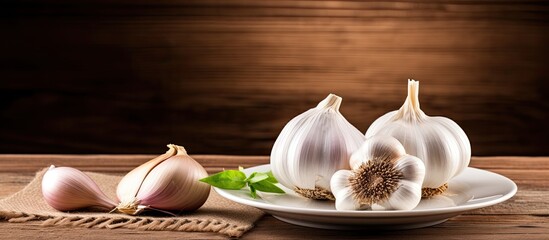 Poster - Garlic on a plate Fresh garlic on a wooden background Top view Copy space